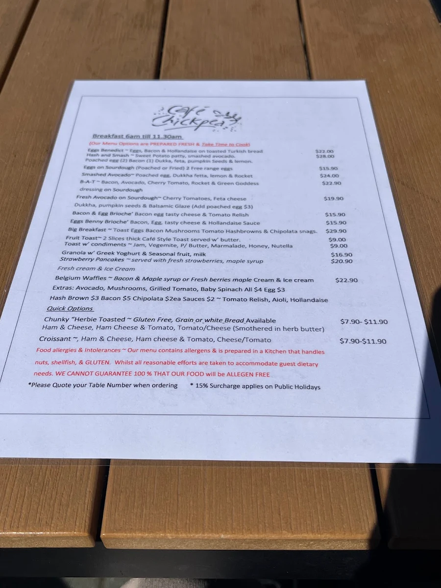 Menu, Chickpea Cafe