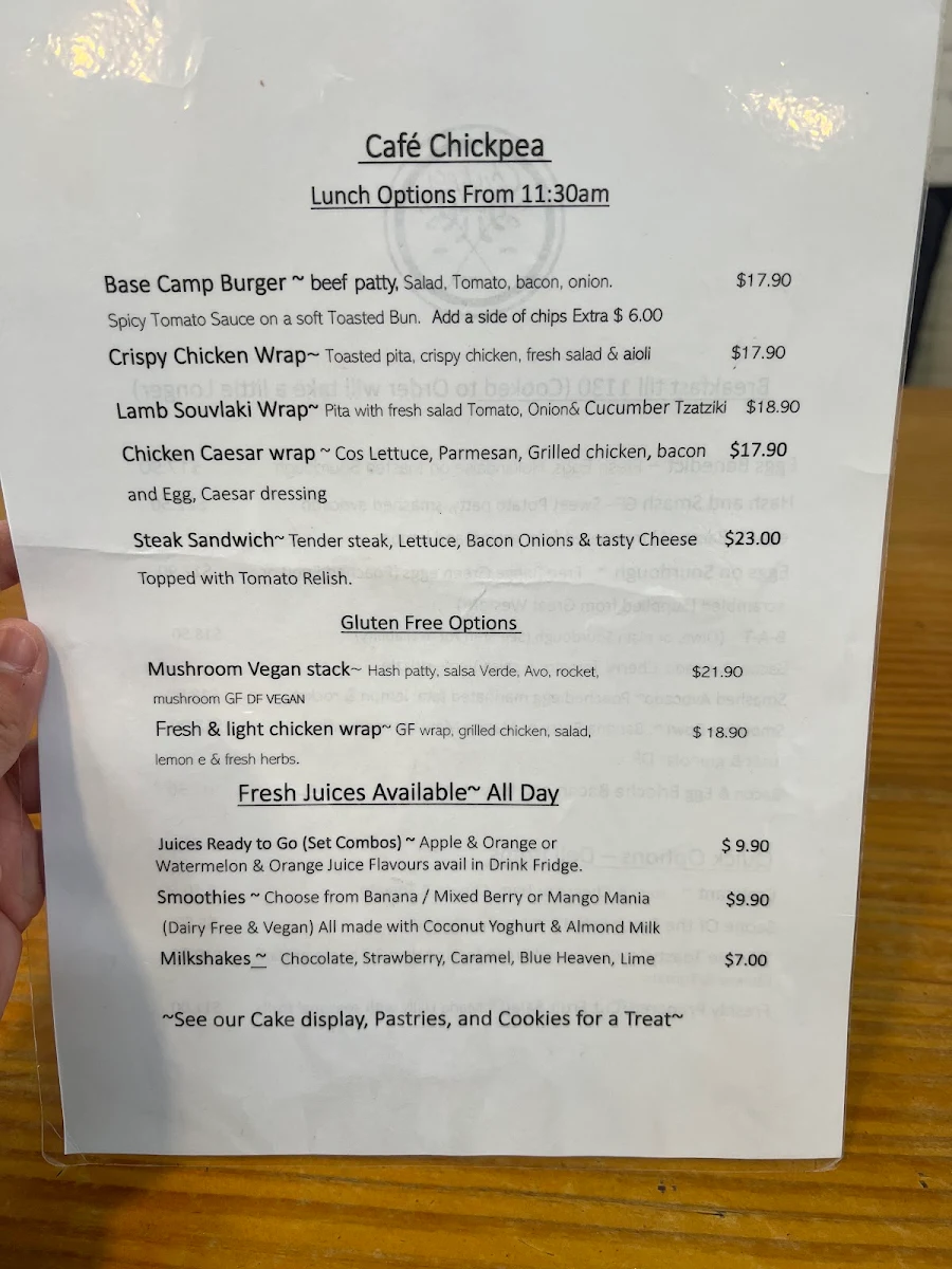 Menu, Chickpea Cafe