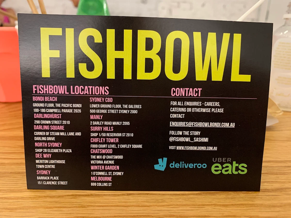 Menu, FISHBOWL - Coogee