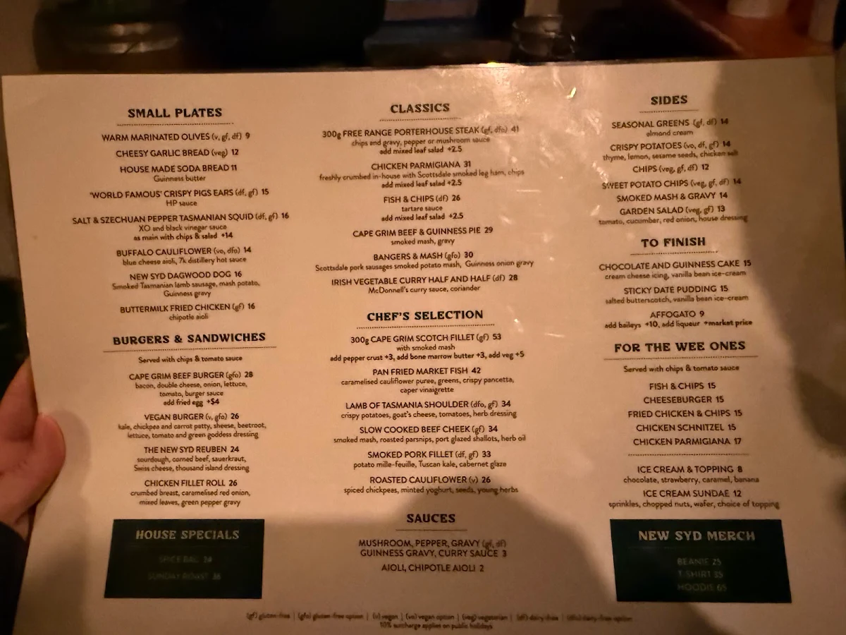 Menu, New Sydney Hotel
