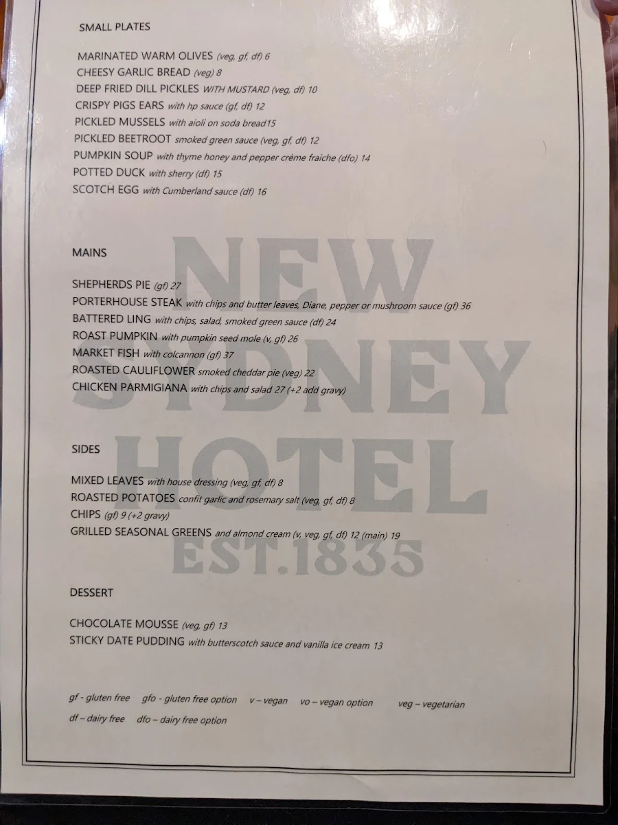 Menu, New Sydney Hotel