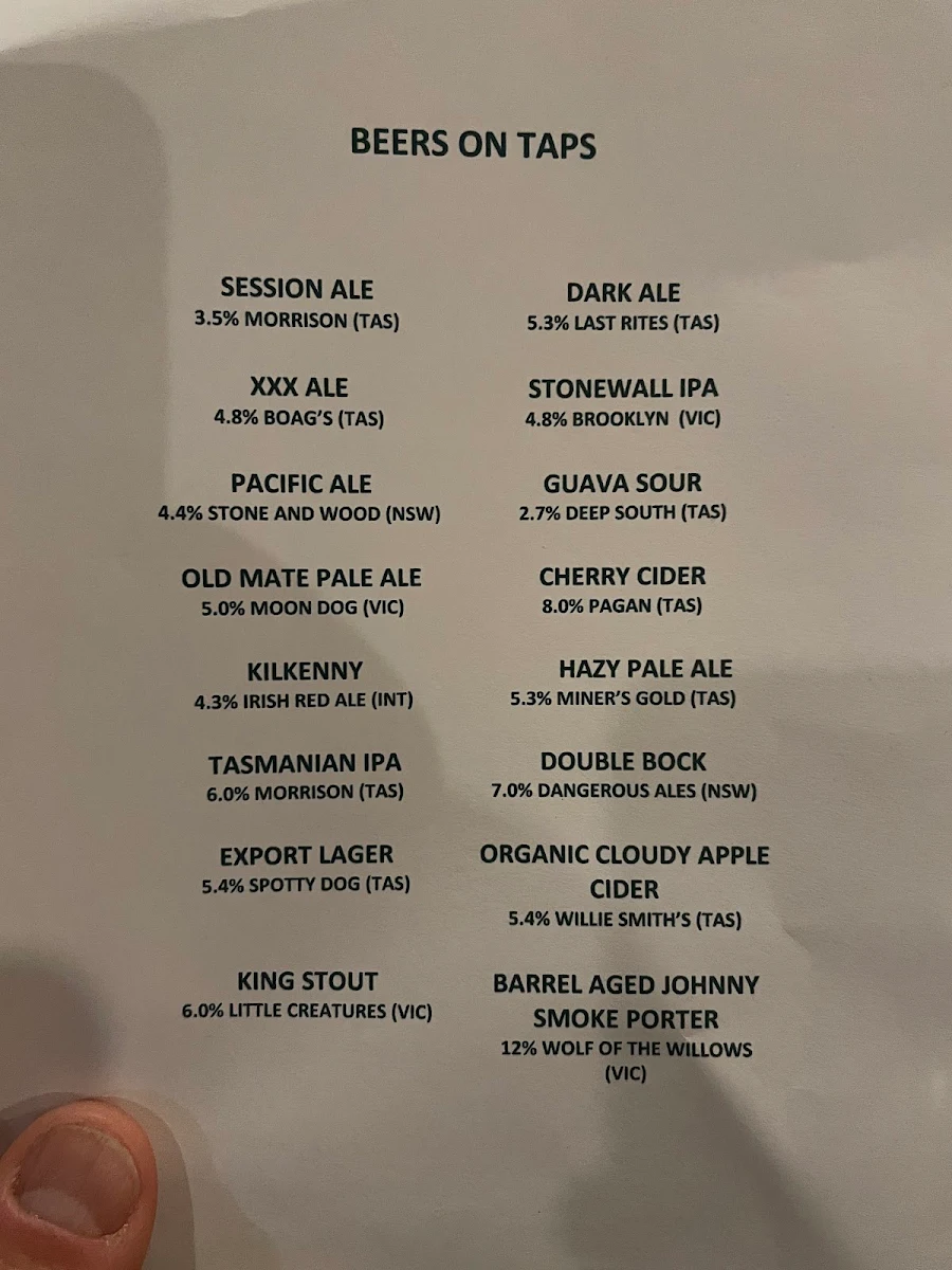 Menu, New Sydney Hotel