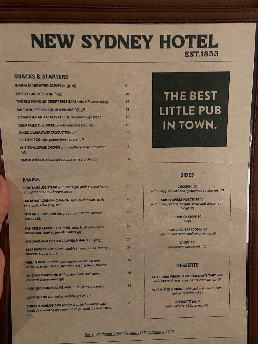 Menu, New Sydney Hotel