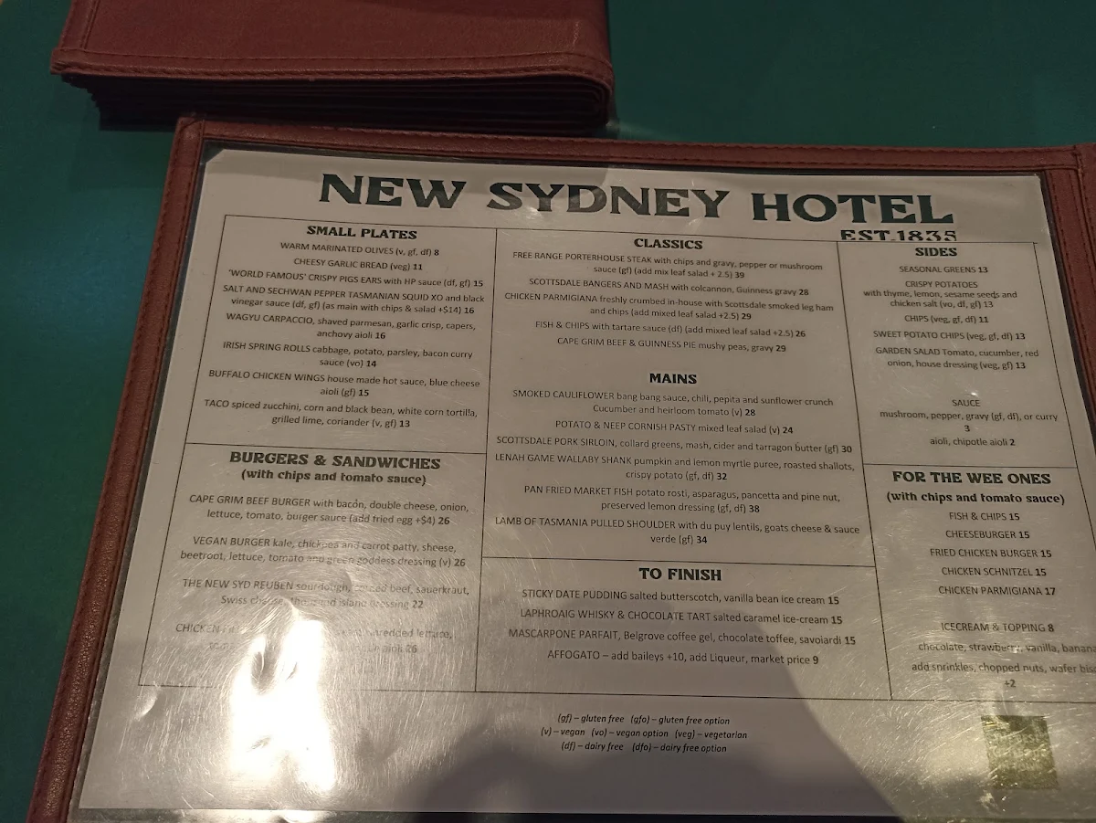 Menu, New Sydney Hotel