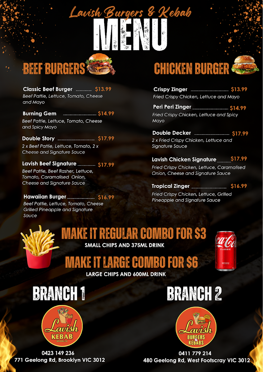Menu, Lavish Burgers and Kebabs