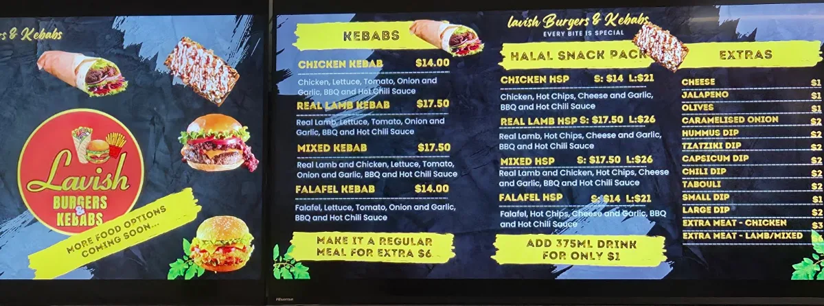 Menu, Lavish Burgers and Kebabs