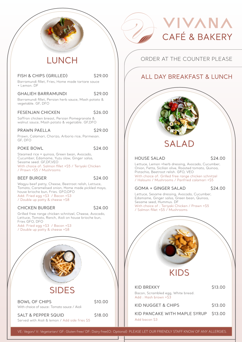Menu, Vivana Cafe