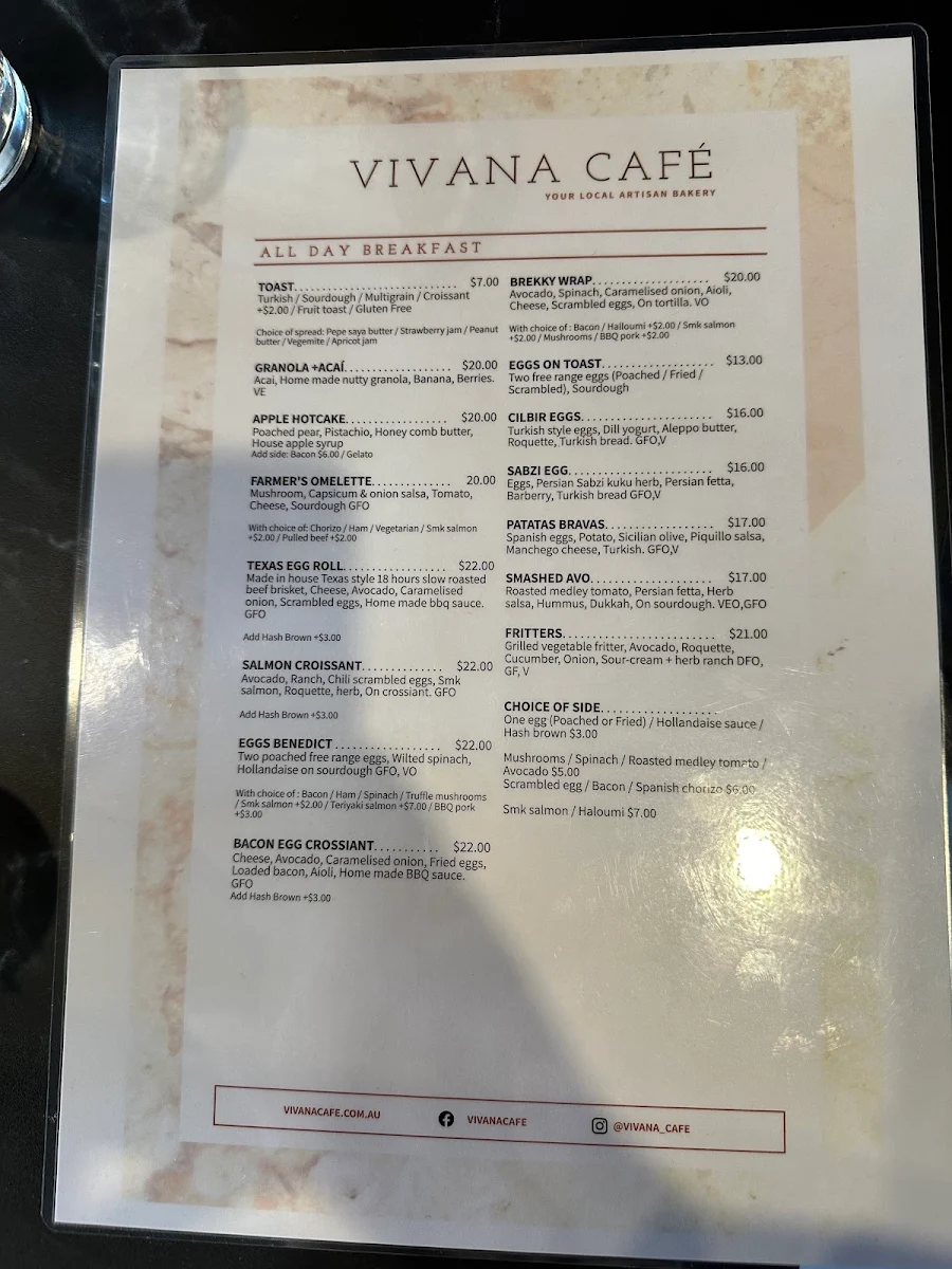 Menu, Vivana Cafe