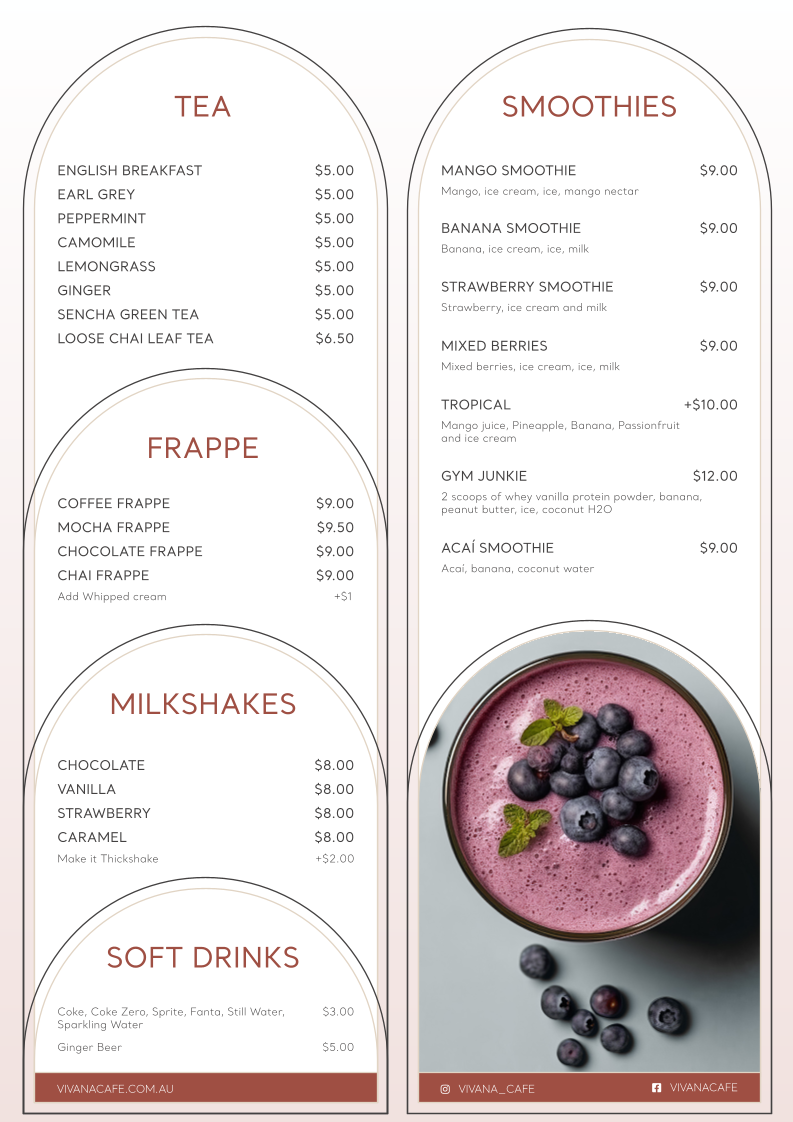 Menu, Vivana Cafe
