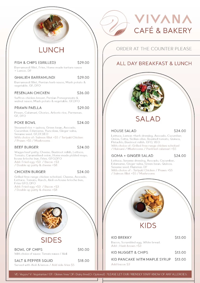 Menu, Vivana Cafe