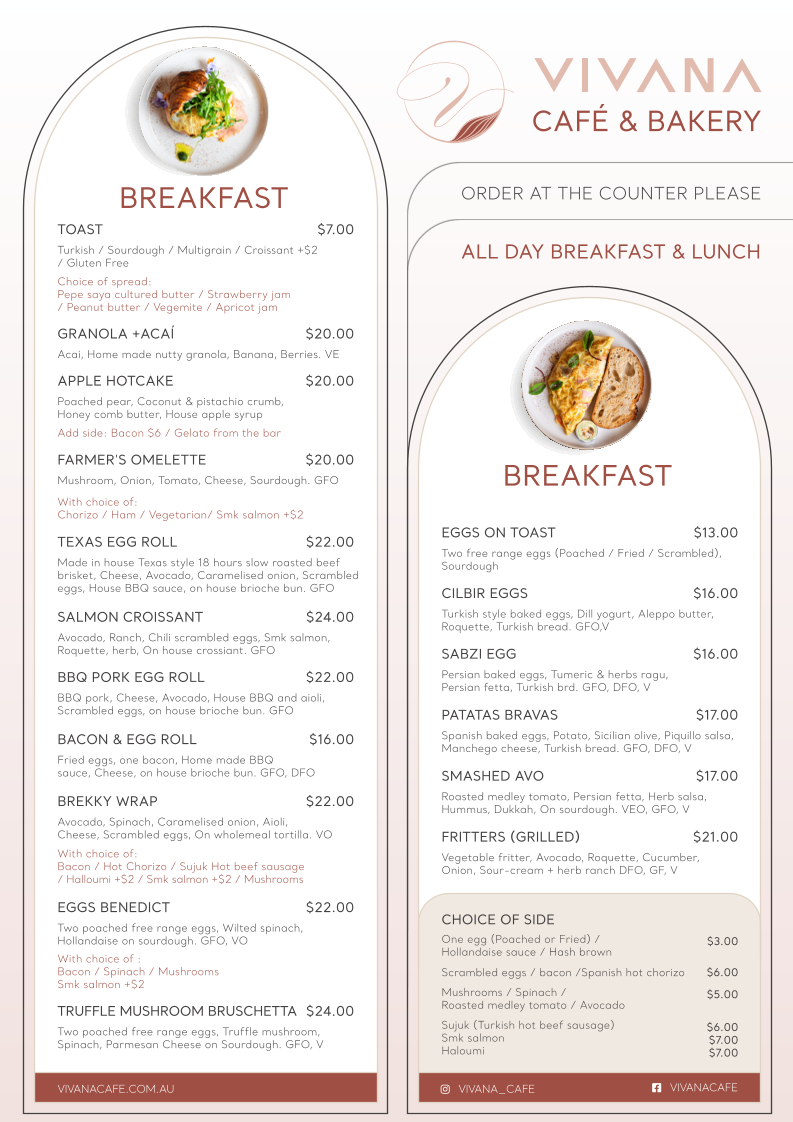 Menu, Vivana Cafe