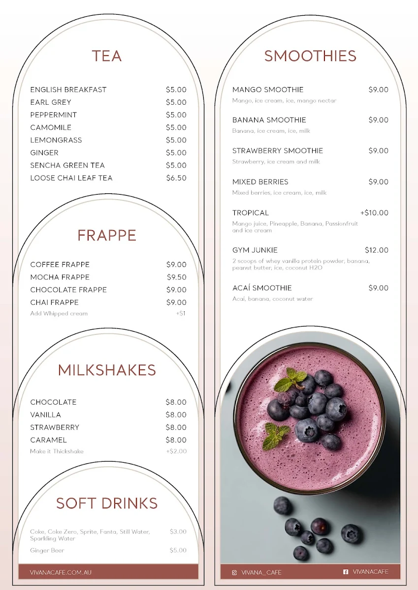 Menu, Vivana Cafe