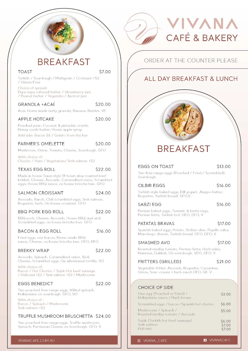 Menu, Vivana Cafe