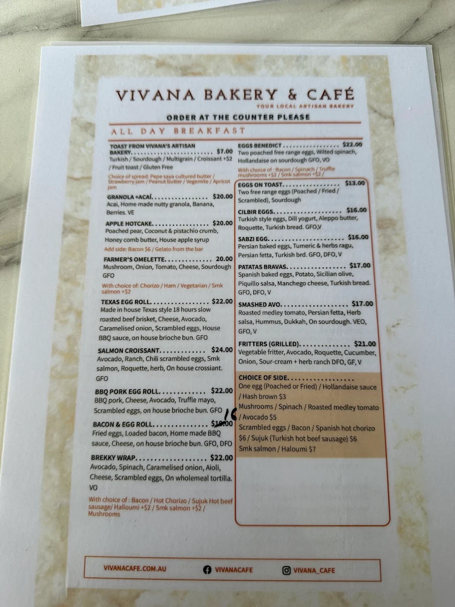 Menu, Vivana Cafe
