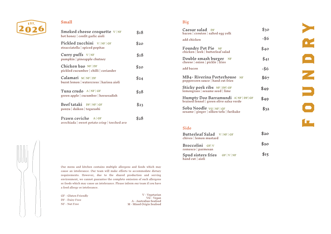Menu, FOUNDRY KITCHEN and BAR