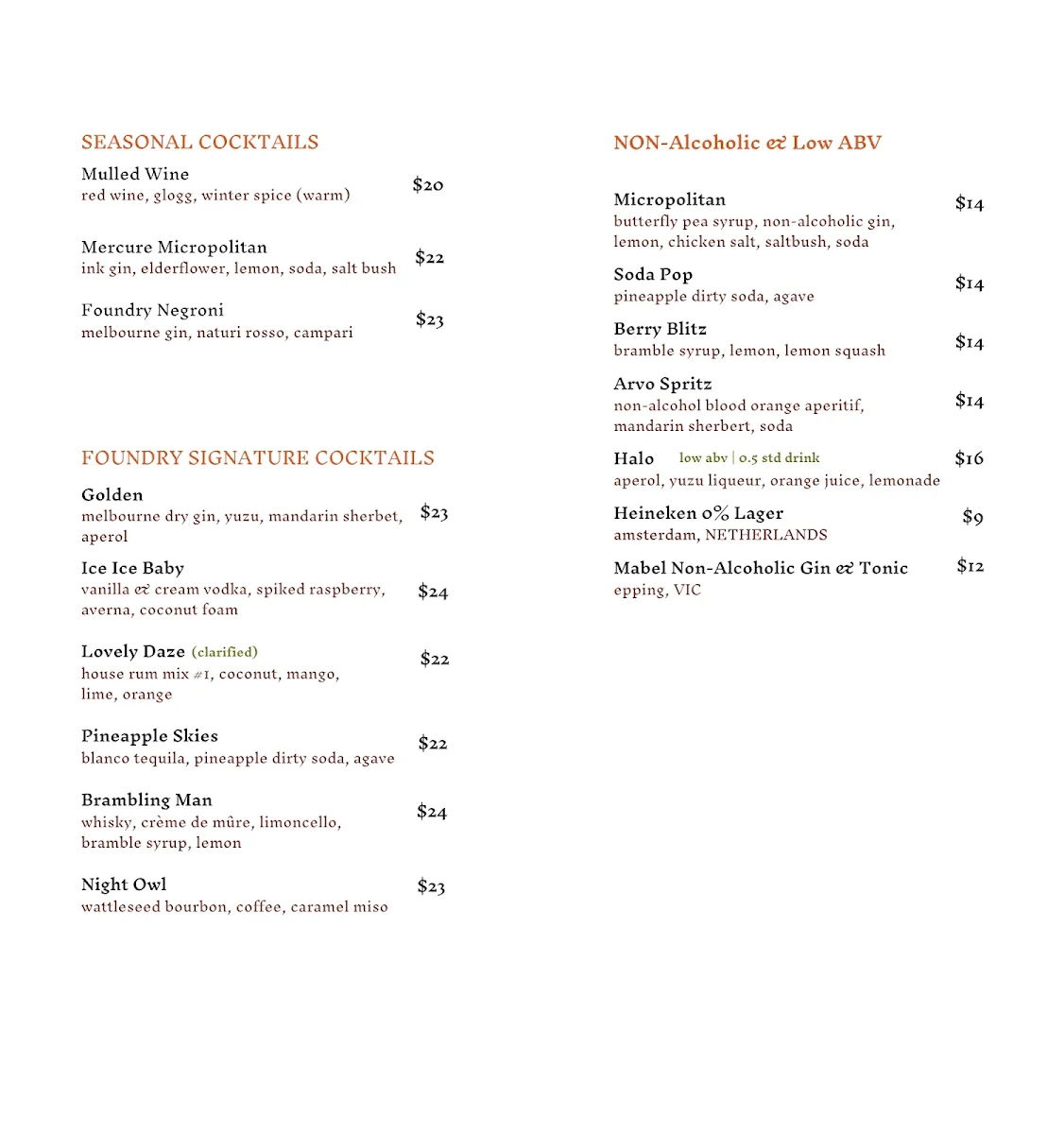 Menu, FOUNDRY KITCHEN and BAR