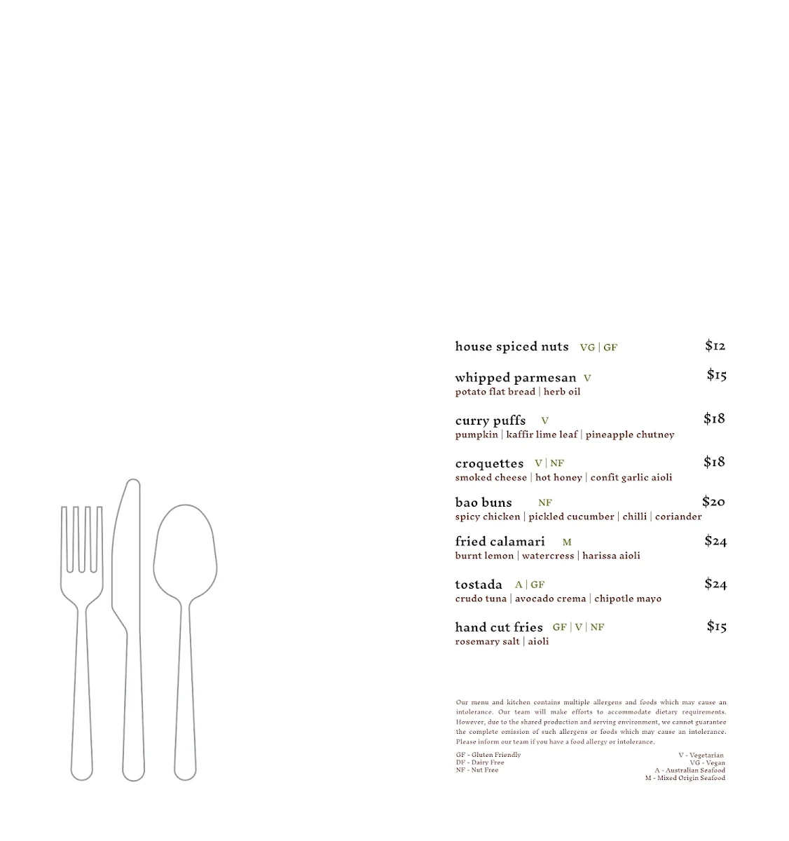 Menu, FOUNDRY KITCHEN and BAR