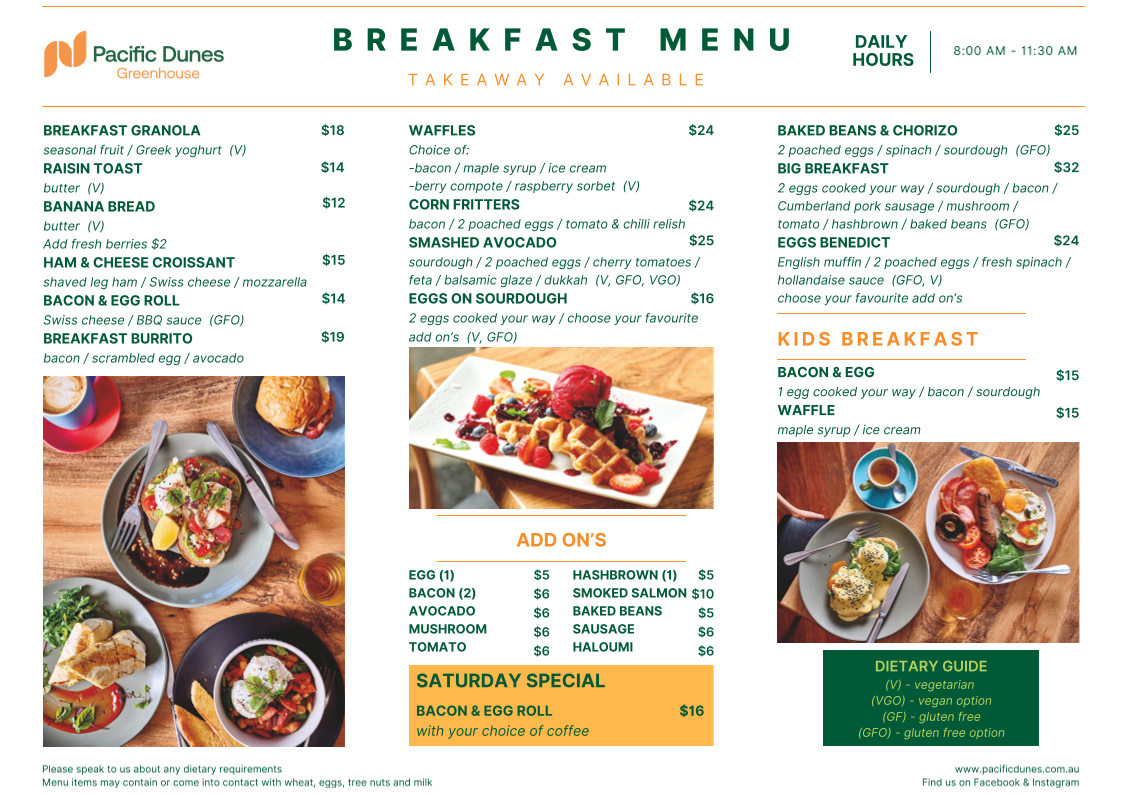 Menu, Pacific Dunes Greenhouse