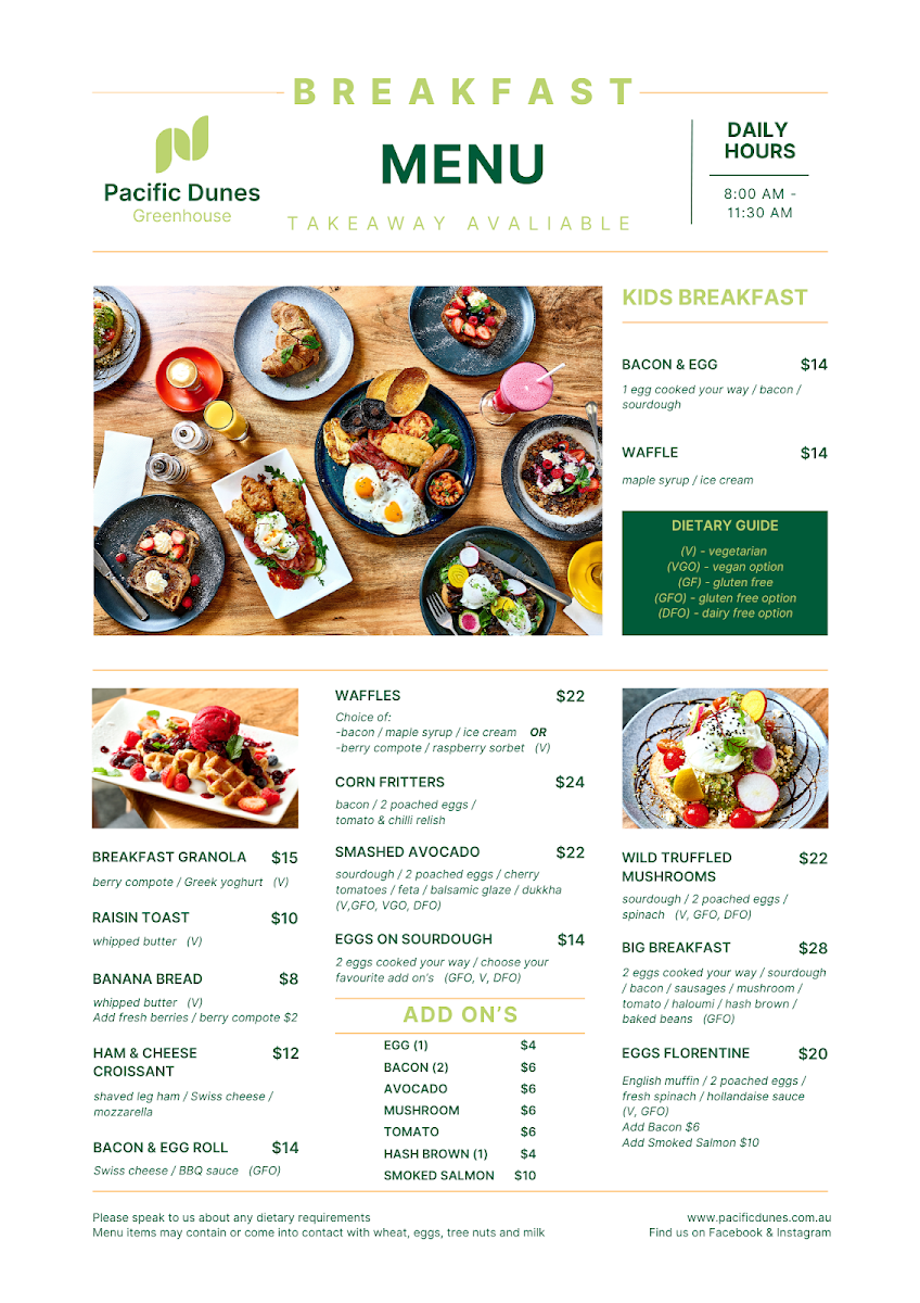 Menu, Pacific Dunes Greenhouse