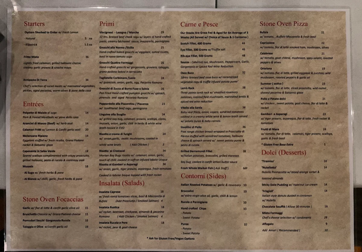 Menu, La Baia Bar Cucina