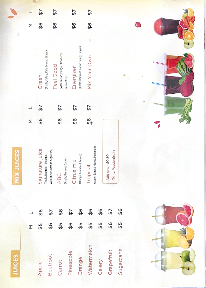 Menu, Master Juice & Ice cream
