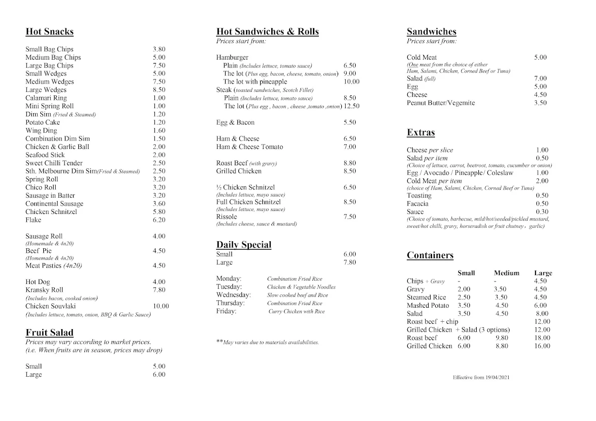 Menu, Woodlands Cafe & Takeaway