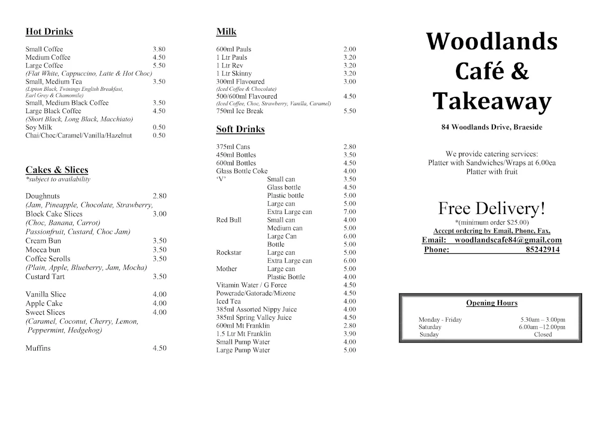 Menu, Woodlands Cafe & Takeaway