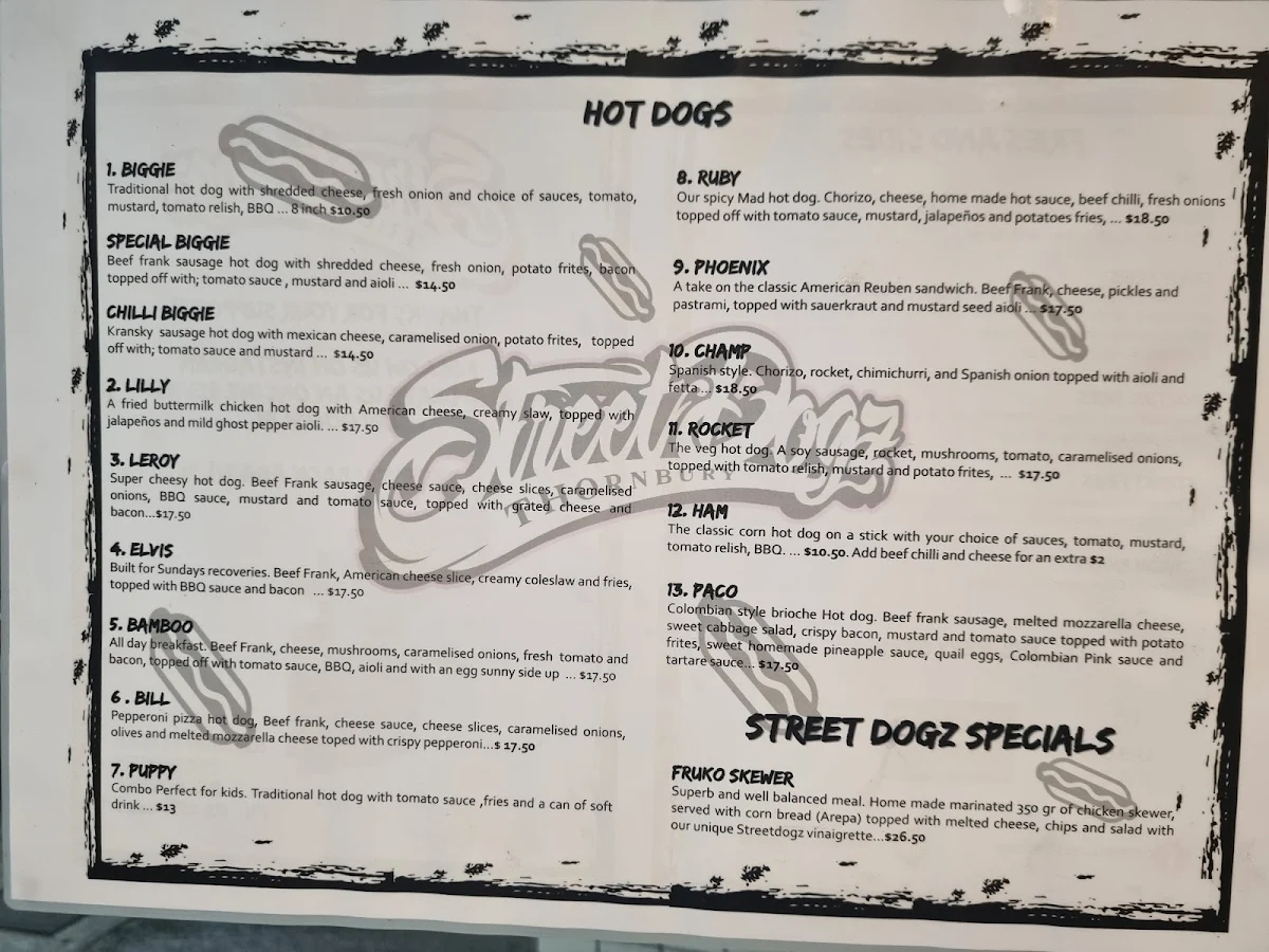 Menu, Streetdogz Melbourne