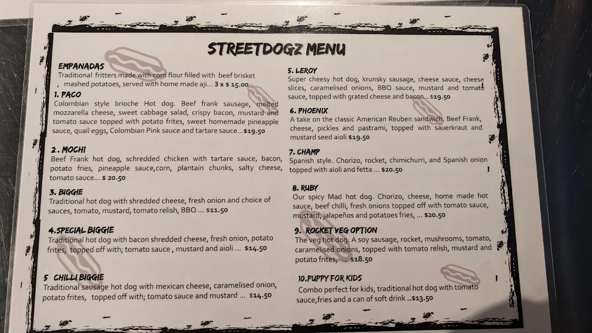 Menu, Streetdogz Melbourne