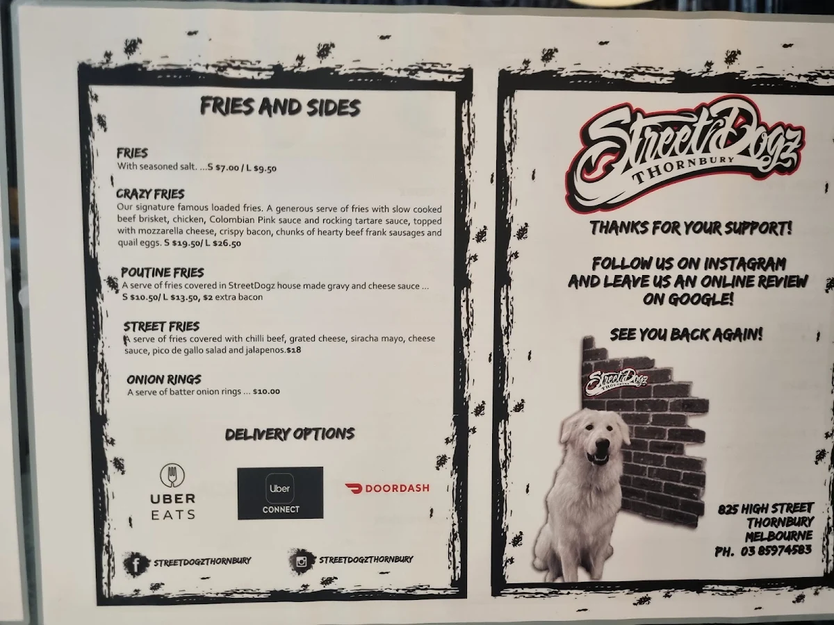 Menu, Streetdogz Melbourne