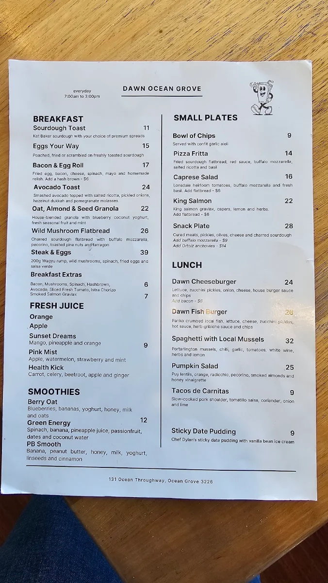 Menu, Dawn Cafe