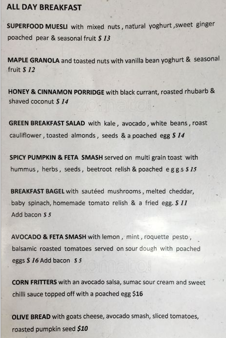 Menu, Frank & Ginger Cafe