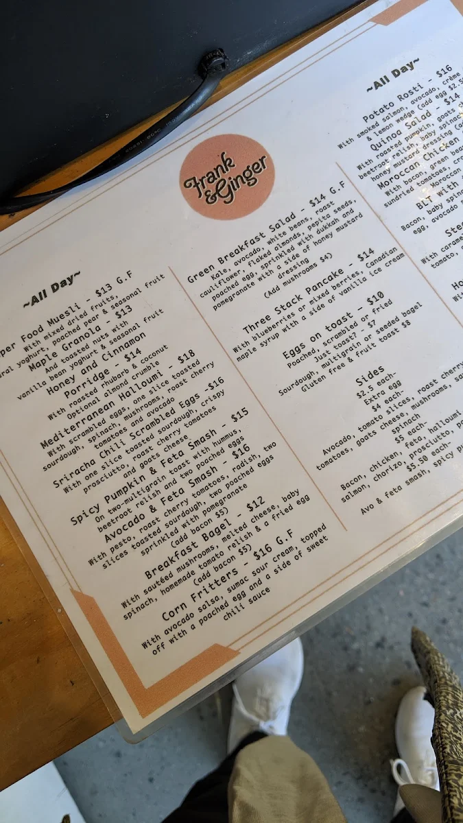 Menu, Frank & Ginger Cafe