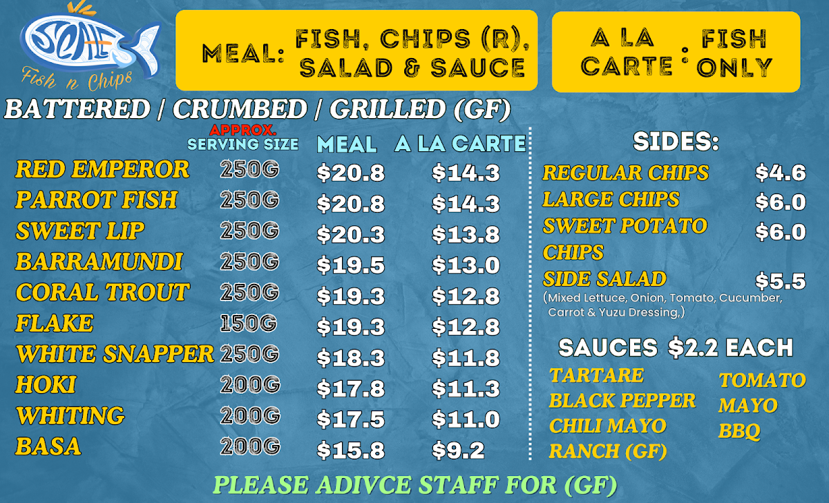 Menu, Scales Fish and Chips