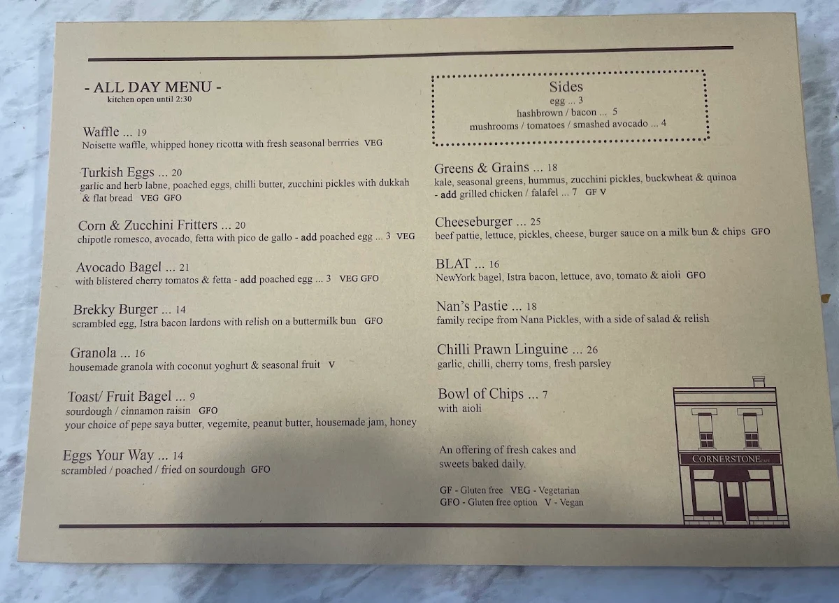 Menu, Cornerstone Cafe