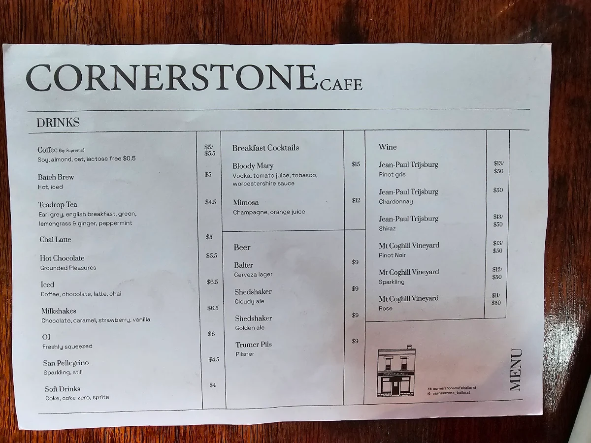 Menu, Cornerstone Cafe
