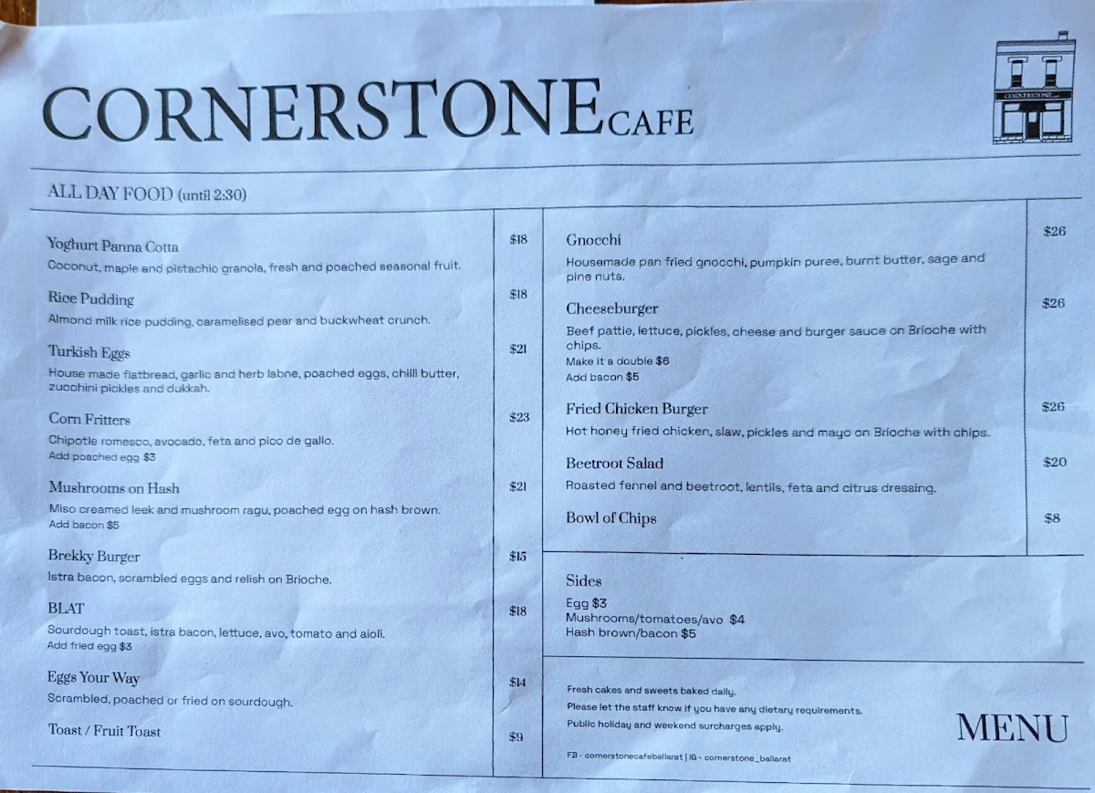 Menu, Cornerstone Cafe
