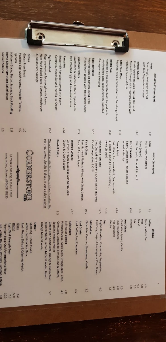 Menu, Cornerstone Cafe