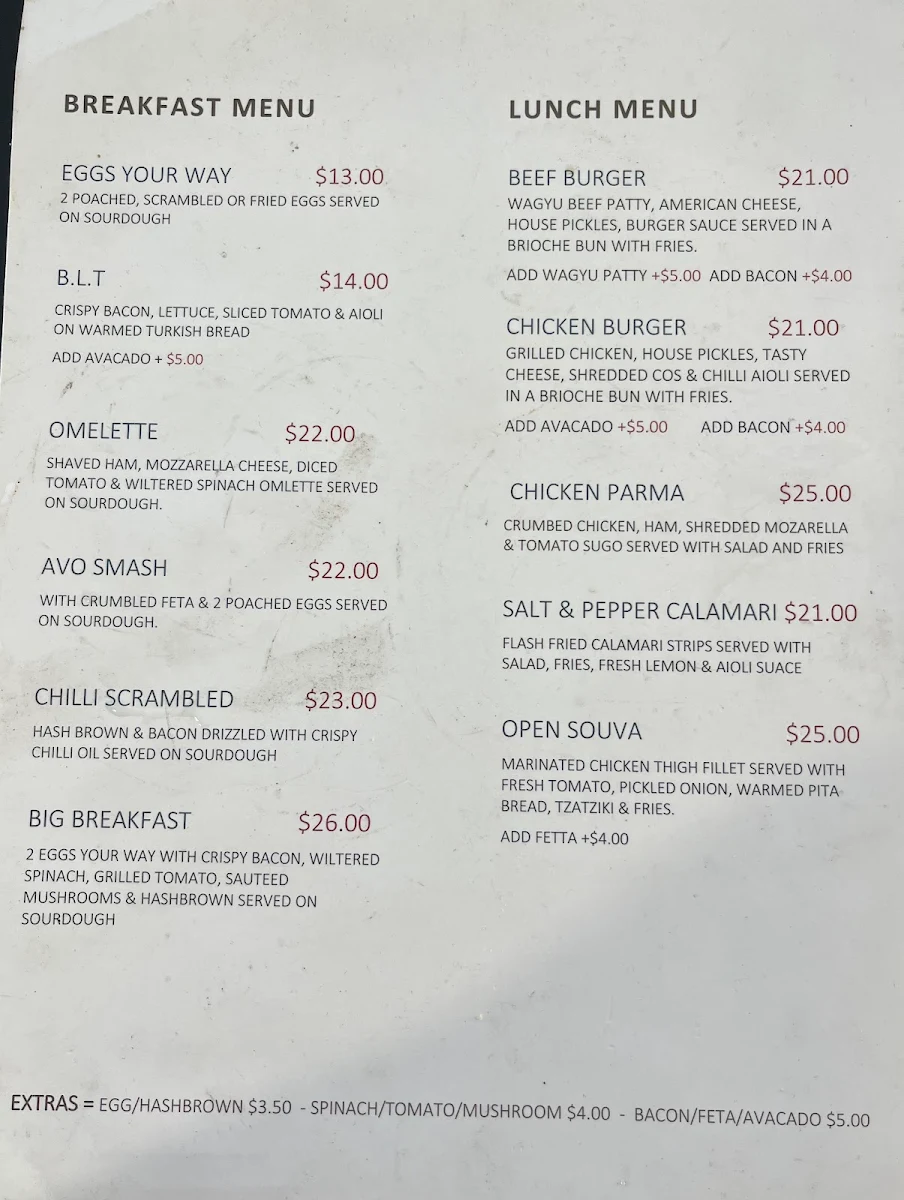 Menu, The Alibi (Previously Calibar)