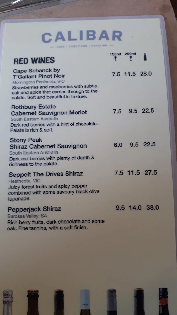 Menu, The Alibi (Previously Calibar)