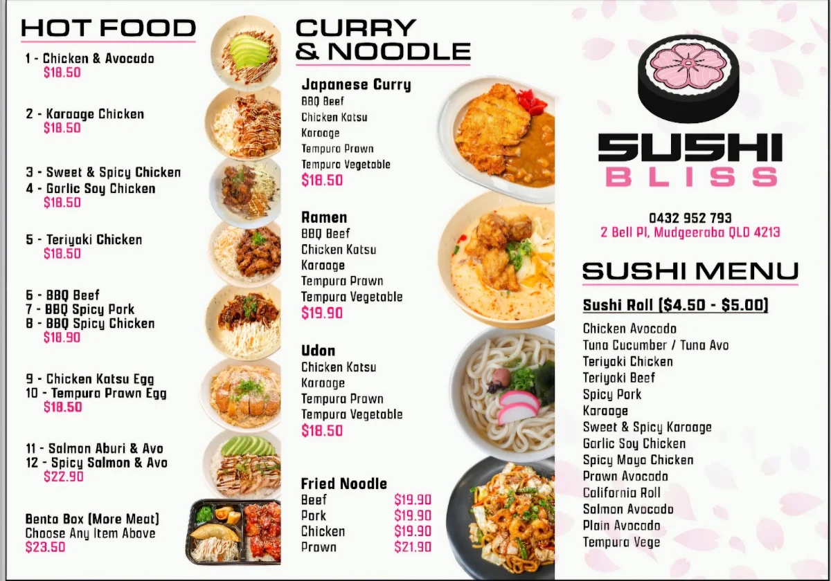 Menu, Sushi Bliss