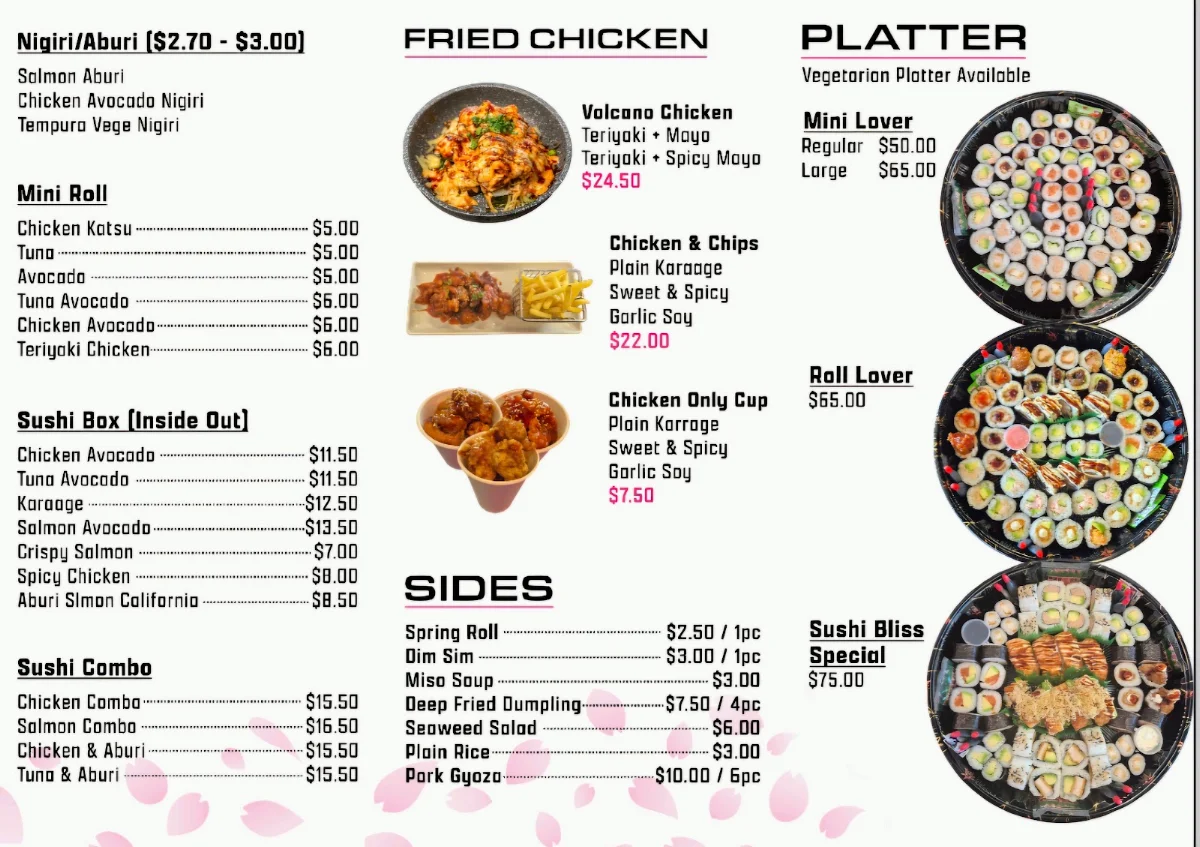 Menu, Sushi Bliss