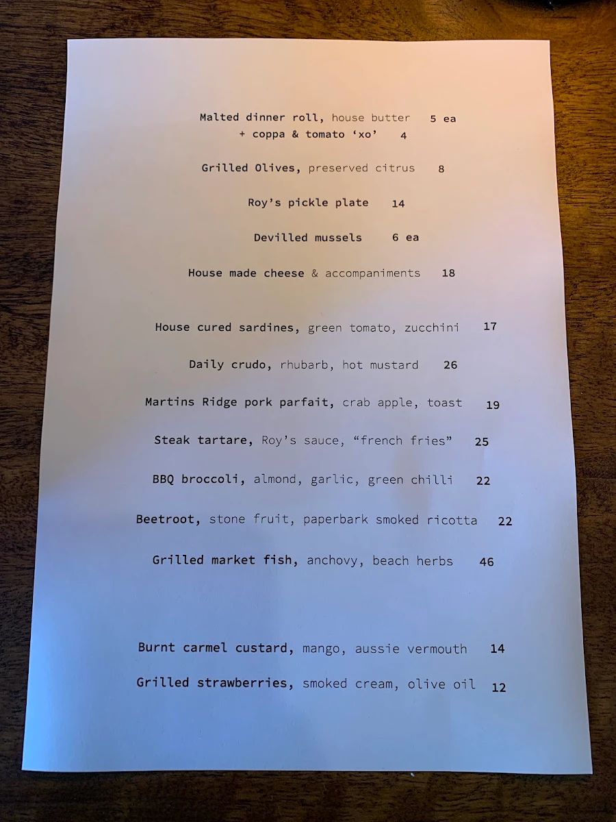 Menu, Roy's Restobar