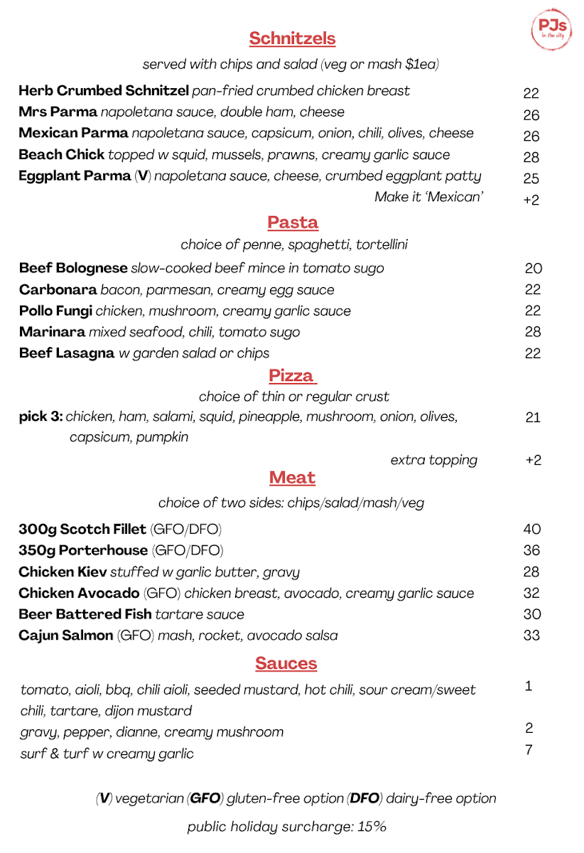 Menu, PJs in the City