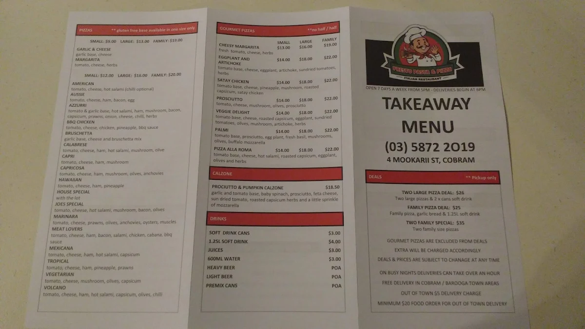 Menu, Presto Pasta & Pizza