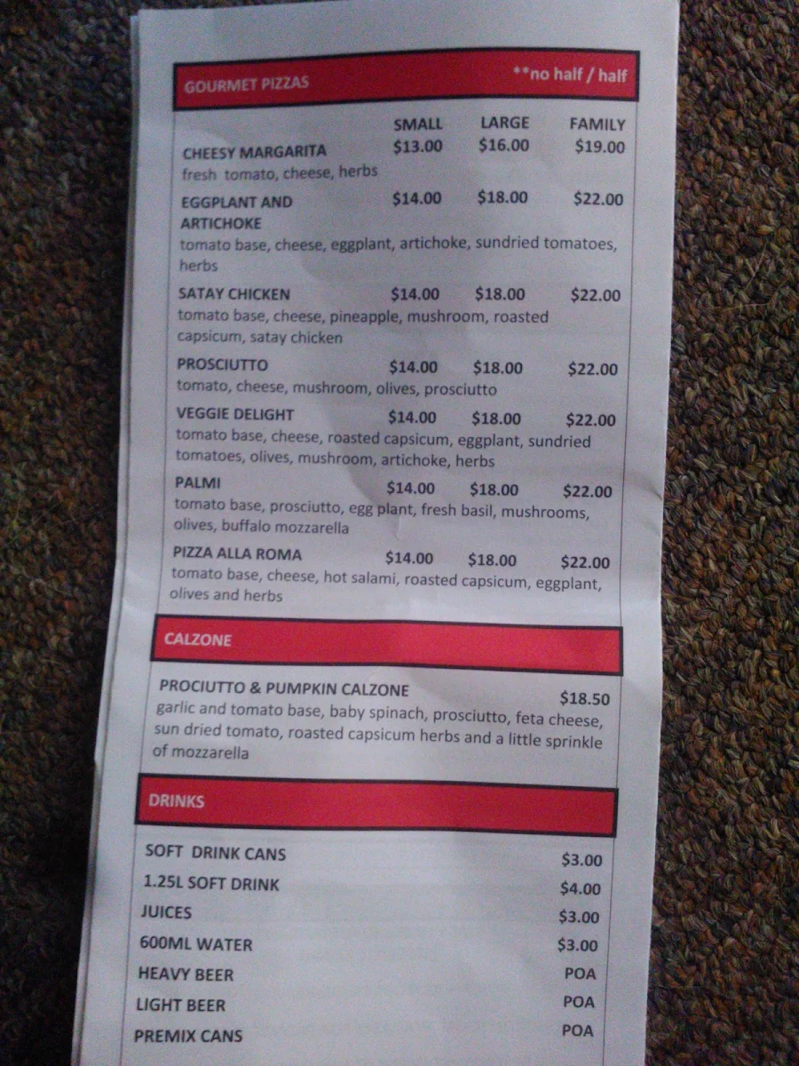 Menu, Presto Pasta & Pizza