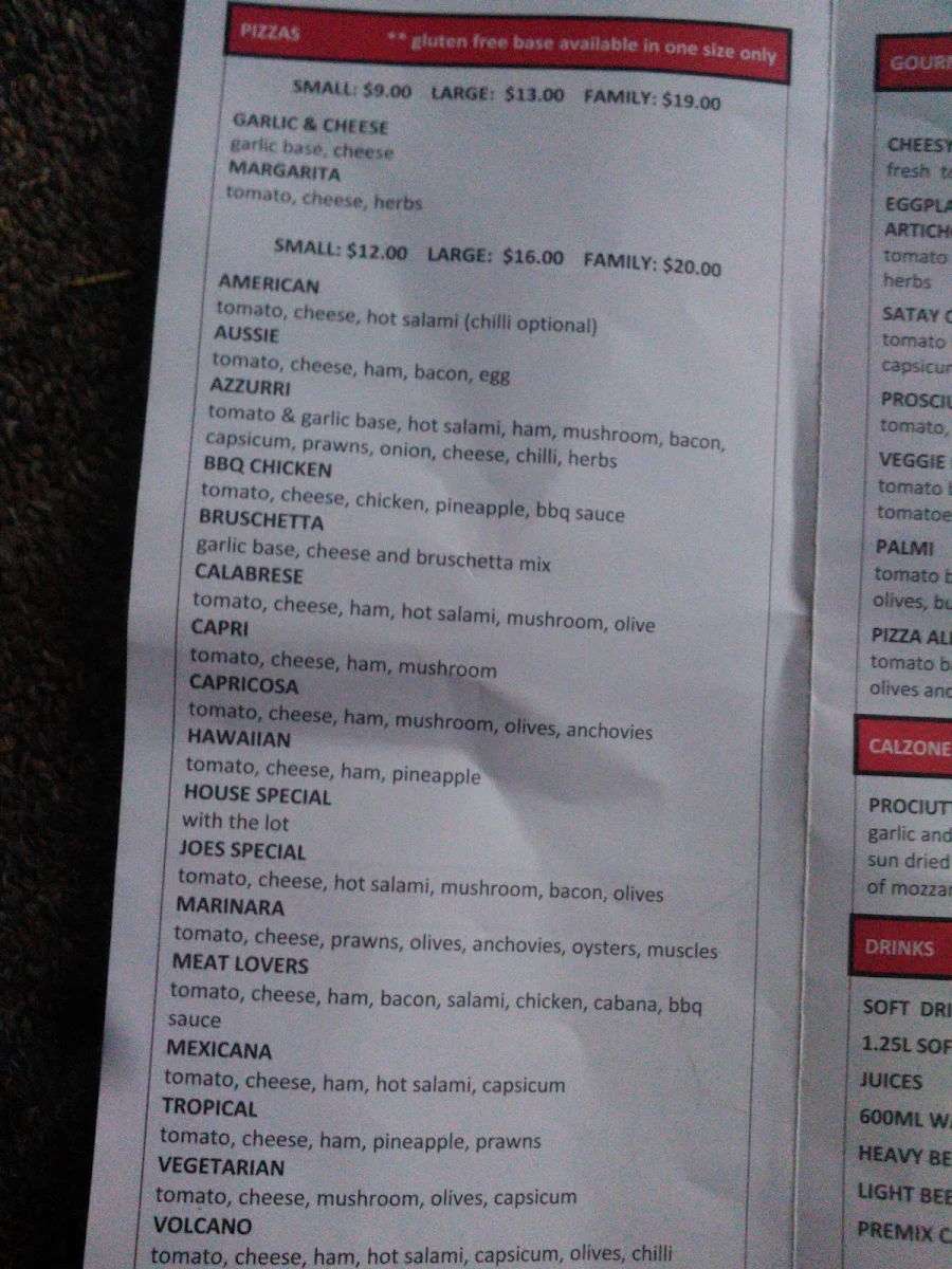 Menu, Presto Pasta & Pizza