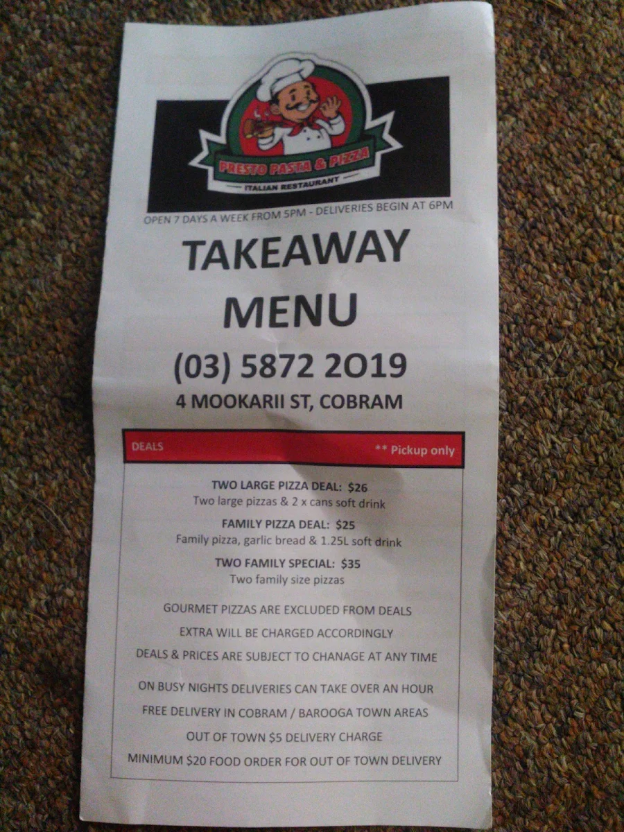Menu, Presto Pasta & Pizza