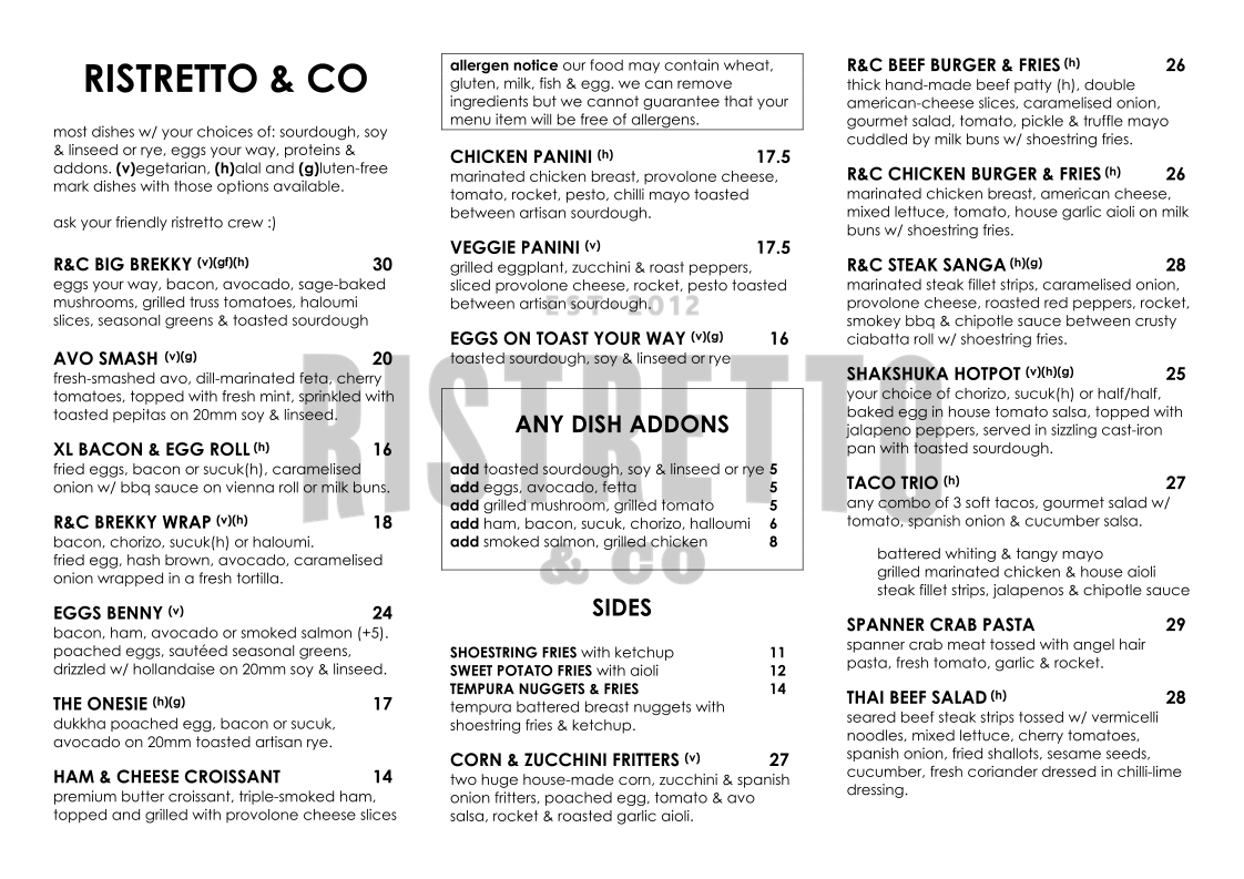 Menu, Ristretto & Co