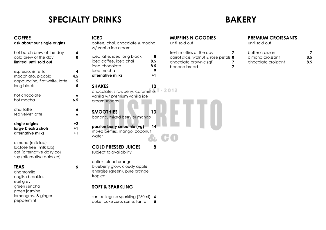 Menu, Ristretto & Co